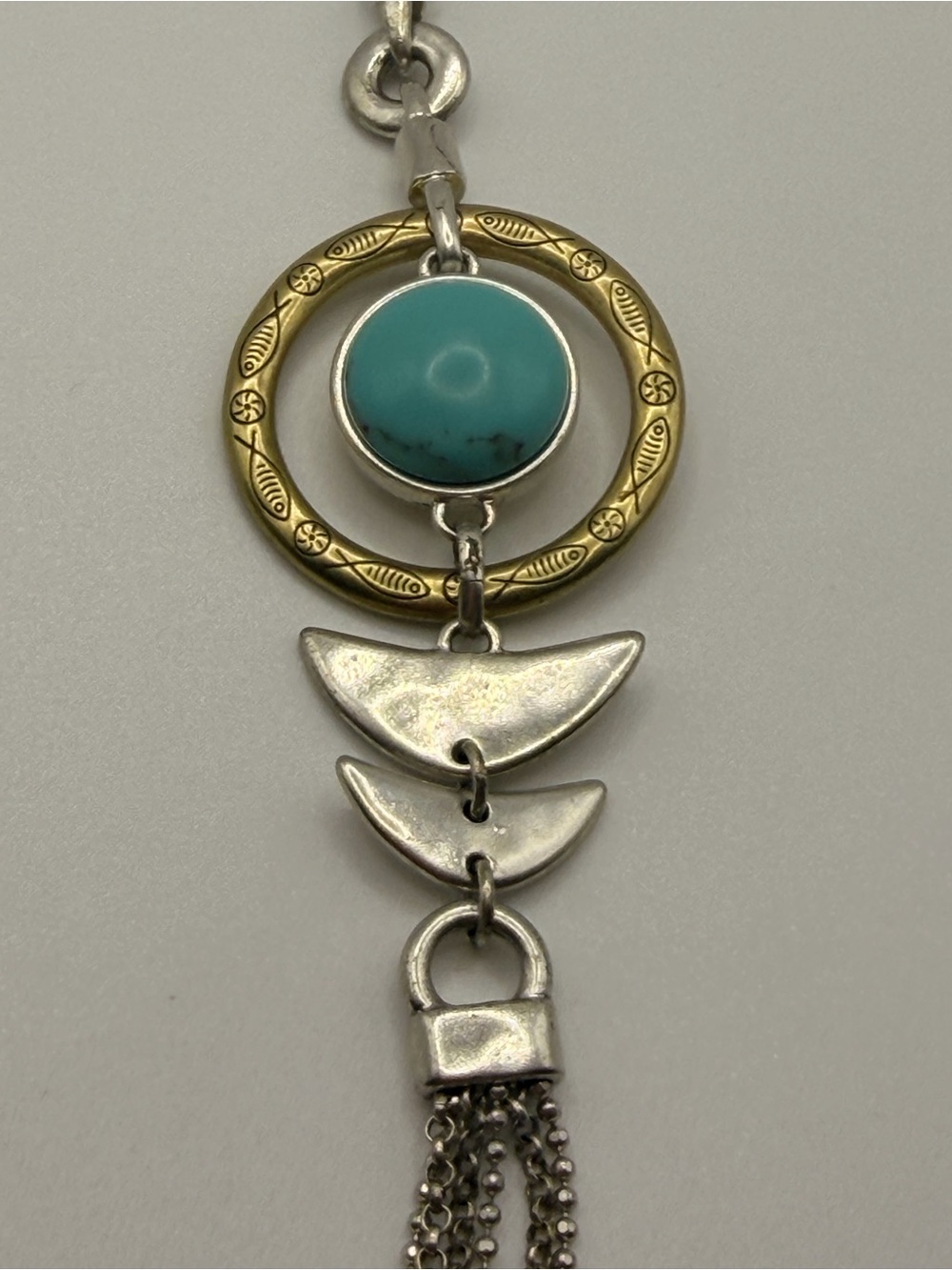 Reversable Turquoise & Two-Tone pearl Crescent Pendant Necklace - Women Jewelry